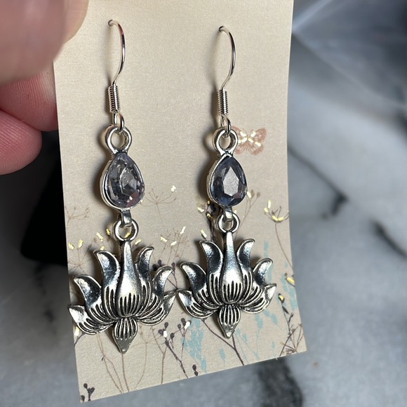 Sterling silver lotus flower earrings crystal drop - Picture 12 of 13